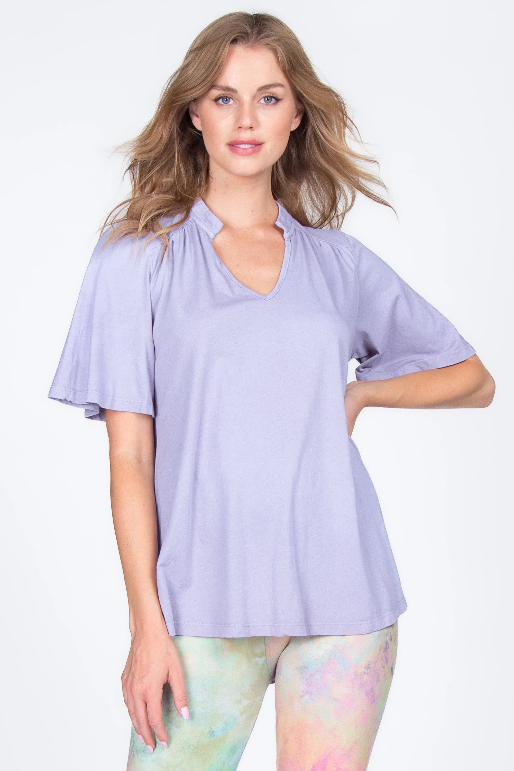 Mandarin V-Neck with Flared Short Sleeves