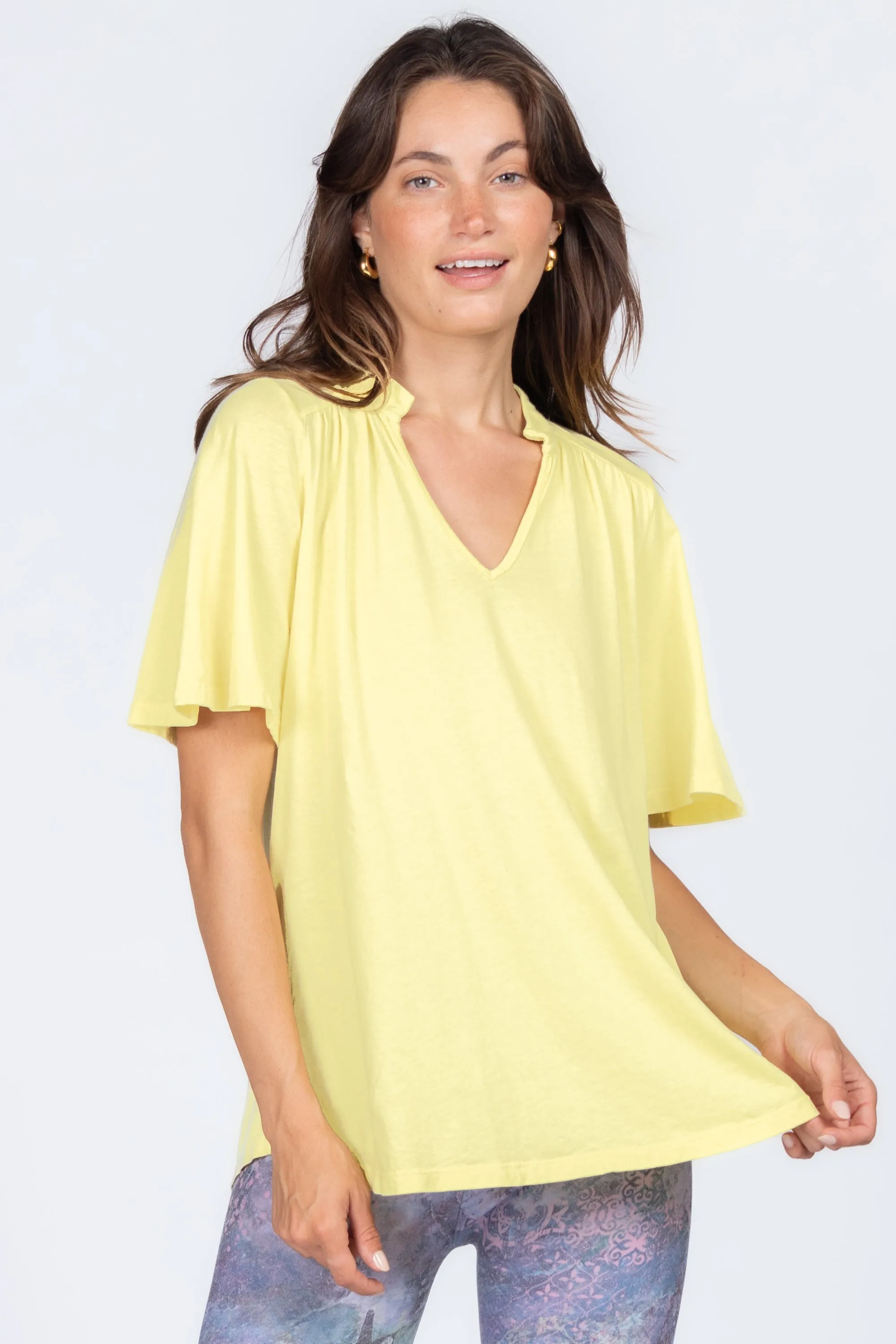 Mandarin V-Neck with Flared Short Sleeves